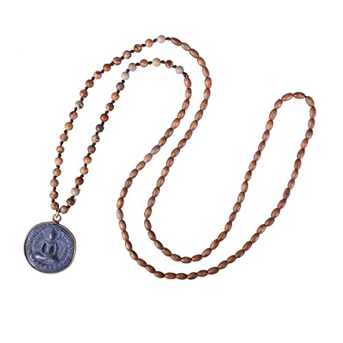 KELITCH Round Sakyamuni Buddha Strand Necklace Newest Long Beaded Pendant Necklaces (Orange)