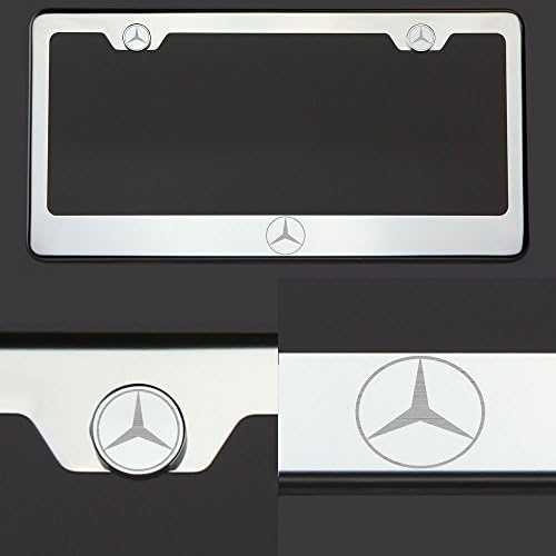 One Fit Mercedes Benz Logo Laser Engraved Polish Mirror Stainless Steel License Plate Frame with Logo Steel Chrome Screw Cap
