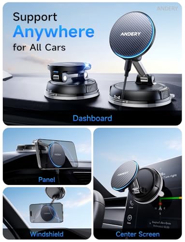 ANDERY Only for iPhone Magsafe Car Mount Charger [15W Fast Wireless Charging, 78+LBS Strong Suction, 2400gf Strong Magnetic] 360° Adjustable Car Phone Holder, Phone Holders for Your Car, Carbon Fiber