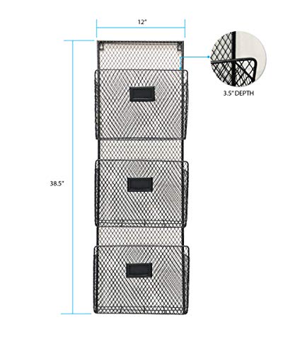 Three Tier Wall File Holder - Durable Black Metal Rack with Spacious Slots for Easy Organization, Mounts on Wall and Door for Office, Home, and Work - by Designstyles