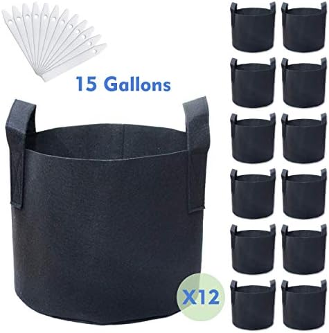 PHYEX 12-Pack 15 Gallon Nonwoven Grow Bags, Aeration Fabric Pots with Durable Handles, Come with 12 Pcs Plant Labels