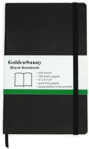 GoldenSunny Soft Cover Journal Notebook with Pocket, 192 Plain Pages, 5 x 8.25 Inches, Black