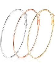 Cocadant 3 Pairs Big Hoop Earrings,Stainless Steel Hoop Earrings 14K Gold Plated Rose Gold Plated Silver for Women Girls Sensitive Ears(3 Colors Set)