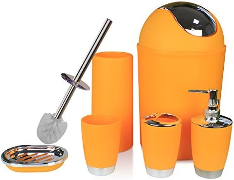 RGUSEN Bathroom Accessories Sets Complete, 6 Piece Luxury Bath Accessory Sets Gifts by, Lotion Dispenser, Toothbrush Holder, Bathroom Tumblers, Soap Dish, Trash Can, Toilet Brush Set (Orange)