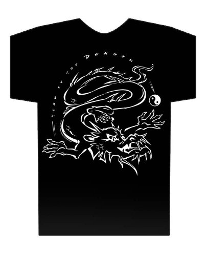 Asian Oriental Chinese Zodiac Hi-NRG Black T-Shirt - Year of the Dragon: Birth years 1928, 40, 52, 64, 76, 88, 2000, 2012