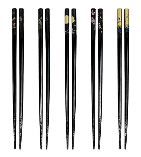 JapanBargain 3672, Bamboo Chopsticks Reusable Japanese Chinese Korean Wood Chop Sticks Hair Sticks 5 Pair Gift Set Dishwasher Safe, 9 inch, Black
