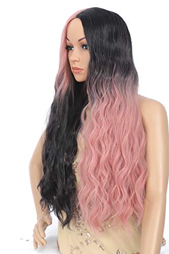 Amchoice Ombre Black and Pink Cosplay Wig for Women Long Curly Wavy Hair Wig Heat Resistant Synthetic Middle Part Wig for Daily Party Halloween 26 Inch