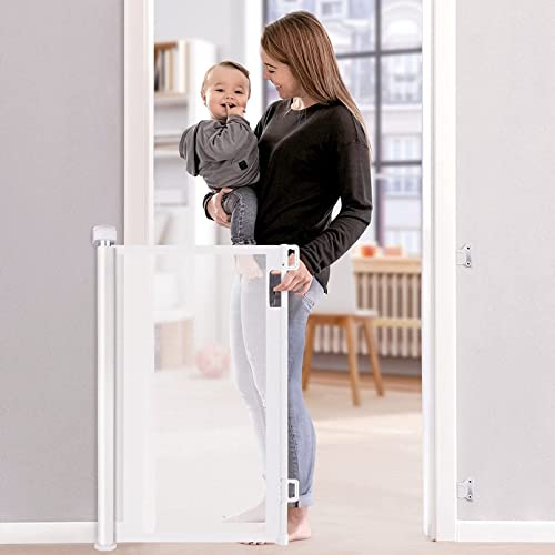 AM ANNA Retractable Baby Pet Gate for Stairs, Mesh Dog Gate for House Doorways Hallways, 33" Tall Extra Wide Child Safety Gate for Kids Pets, Indoor and Outdoor (White, 33x59 Inch)