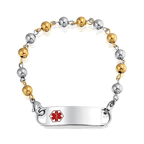 Identification Medical ID Bracelet Blank Ball Bead Link Chain For Women Gold 2 Tone Stainless Steel 7.5 Inch - Thumbnail 6