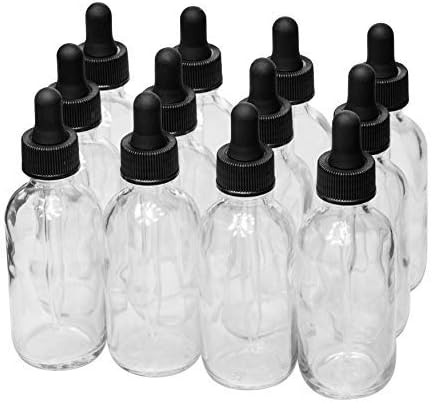 Pack of 12, 60ml (2oz) Clear Boston Round Bottle with Glass Eye Dropper（1Funnel, 2Extra Droppers&12Labels Included, Tincture Bottles, Empty Bottles with dropper for Essential Oils, Perfumes