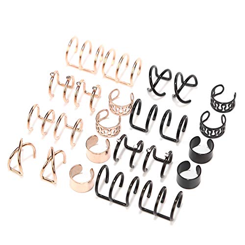 JDXN 12Pairs Stainless Steel Ear Cuff Non Piercing Clip on Cartilage Earrings for Men Women Set (Black Rose Gold)