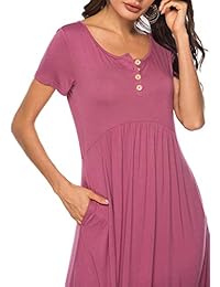 YiNai Vestido de mujer con cuello redondo y bolsillos altos y bajos plisados, estilo informal