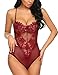 ADOME Womens Valentines Day One Piece Lingerie Lace Fishnet Teddy Bodysuit Mesh Babydoll Romper Jumpsuit Dark Red S