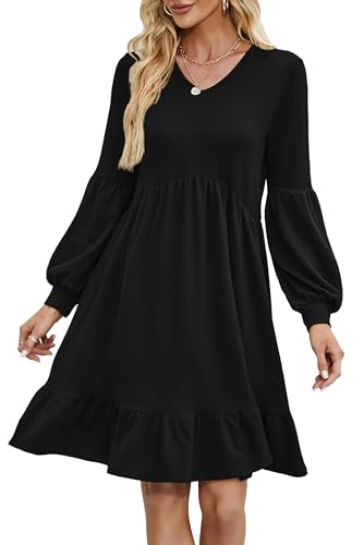 NMODER WOMEN SUMMER TUNIC DRESS V NECK CASUAL LOOSE FLOWY SWING SHIFT  DRESSES SOLID BLACK - MEDIUM - Korting Discount Outlet