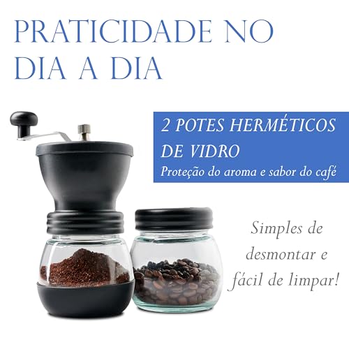 Moedor de Café Manual Com Regulagem De Gramatura E Recipiente Extra para Grãos, Mó Burr Cerâmico, Preto