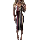 Hot Sale Women's Summer Sexy Deep V-neck Lace Up Striped Party Club Midi Dress (XL, color 1)