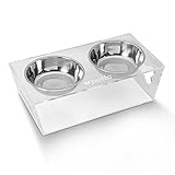 Raised Pet Feeder Bowls - Elevated Clear Acrylic Feeding Stand with Two Stainless Steel Food and Water Bowls for Small Dogs and Cats - By Petlo