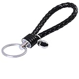 Crqes 1 Pcs Black Braided PU Leather Strap Keyring Keychain Car Key Chain Ring Key Fob