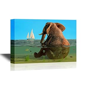Canvas Wall Art - Cartoon Style Elephant Sitting in The Sea with a Ship - Gallery Wrap Modern Home Art | Ready to Hang - 12x18 inches