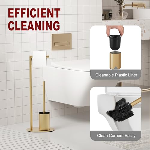 BVL Toilet Roll Holder and Toilet Brush Gold Brushed Toilet Brush with Stainless Steel Toilet Paper Holder, Toilet Paper Holder from the Floor Toilet Brush Bathroom Toilet
