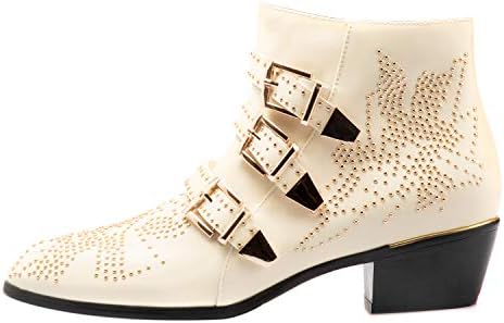 Comfity Boots for Women,Women's Leather Boot Rivets Studded Shoes Metal Buckle Low Heels Ankle Studded Booties