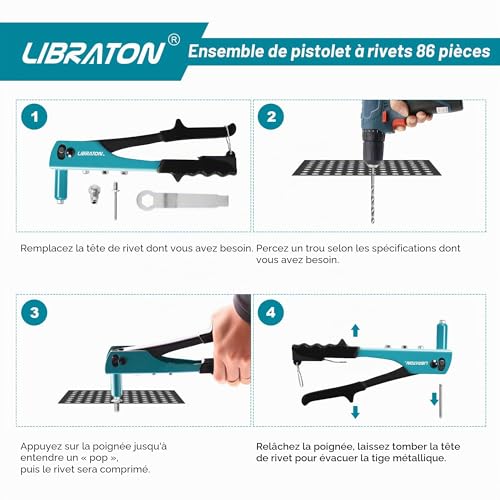 Libraton 80 Pieces Manual Riveter Rivet Pliers Interchangeable Set with Rivets for 4 Types of Rivets HSS Drill Bits Riveter for Automotive, Railway, Furniture, Instrument