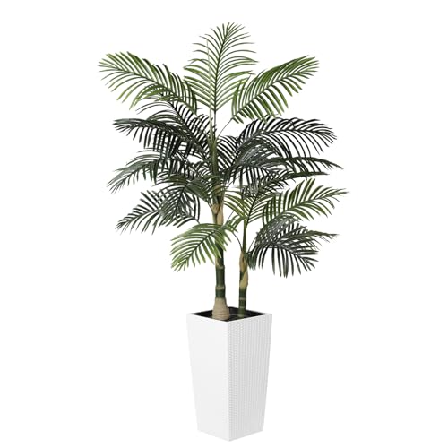 PHYTREE Artificial Palm Tree 6ft - Fake Palm Tree with White Tall Planter - Faux Plants with Realistic Trunk and Palm Leaves for Indoor Home Office Decor