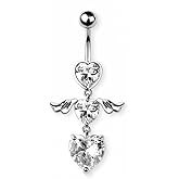 Pierced Owl 14GA 316L Stainless Steel Double CZ Crystal Heart with Wings Dangling Belly Button Ring
