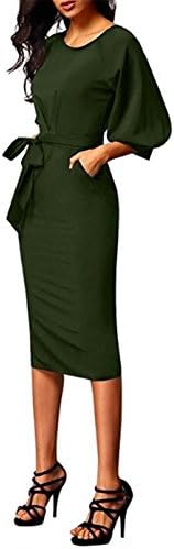 Aimur Women's Professional Dresses Bell Sleeves Bodycon Vintage Empire Waist Split