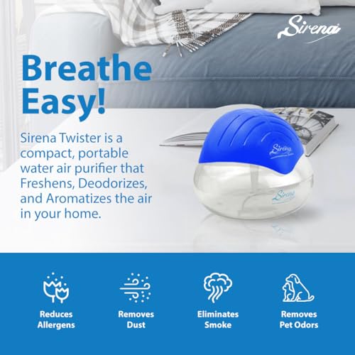 Sirena Twister Air Purifier (Blue) - Water Filter Air Washer For Home and Office - Essential Oil Aroma Diffuser With LED Night light - Small Air Cleaner For Smoke and Pets