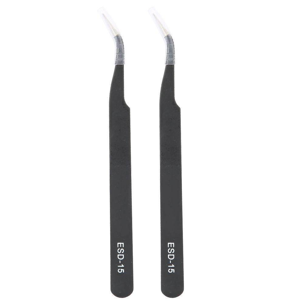 2PCS Stainless Steel Curved Tweezers Repair Tool Kit ESD-15 Anti-Static Precision Tweezers Maintenance Tools(Black)