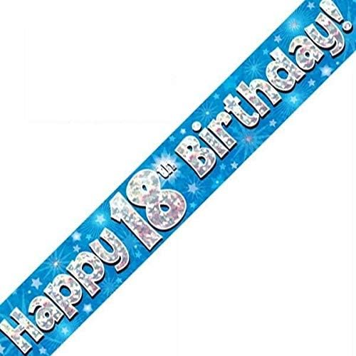 9ft Banner Happy 18th Birthday Blue Holographic, 9 ft