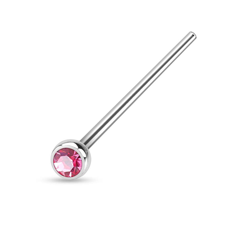 PiercedOff 316l Surgical Steel Fishtail Nose Stud with Pink CZ Gem - Thickness 18GA (1mm) / Length 19mm / Gem Size 2mm
