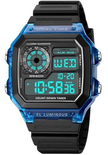 PASOY Men's Digital Multi-Function Watches Dual Time Alarm Stopwatch Countdown Backlight Waterproof Watch, Dark blue, sport