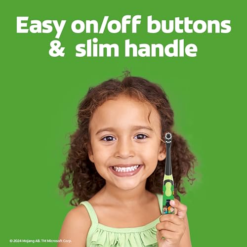 COLGATE KIDS BATTERY POWERED MINECRAFT TOOTHBRUSH, EXTRA SOFT KIDS BATTERY TOOTHBRUSH WITH 1 AA BATTERY INCLUDED, MADE FOR AGES 3 AND UP, FEATURES EASY ON AND OFF SWITCH, FLAT LAY HANDLE, 1 COUNT