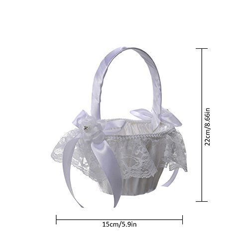 Biback Wedding Flower Girl Basket Rosette Lace Bowknot Rhinstone Satin Wedding Petal Baskets with Ribbon