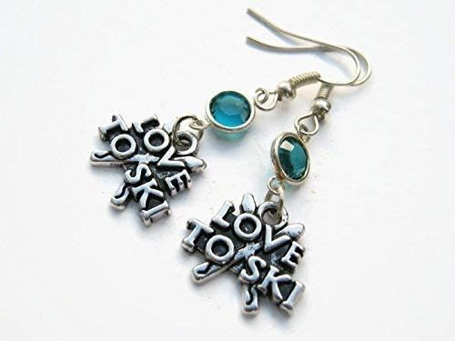 Love To Ski Birthstone Earrings, Personalized Skier Earrings, Athletic Jewelry, Skiing Gift