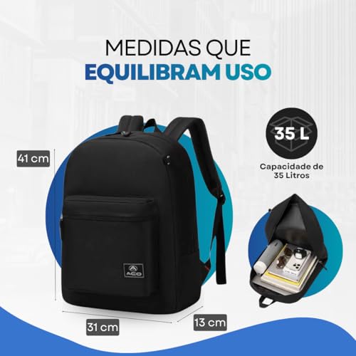 Mochila Casual 35 Litros Reforçada para Notebook com Zíper de Metal e Nylon de Alta Resistência – Ideal para Trabalho, Escola, Faculdade e Viagens (Preto)