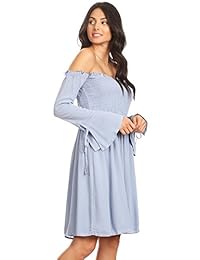 Anna-Kaci para mujer Smocked Bodice manga larga OFF hombro longitud de la rodilla vestido de túnica