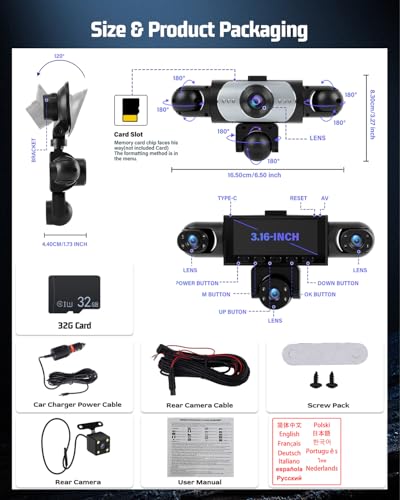 NHOPEEW 5 Canales 360° Dashcam de cámara, grabadora de conducción Delantera 1080P, grabación en Bucle, Monitor de Aparcamiento 24 Horas, detección de Movimiento, visión Nocturna