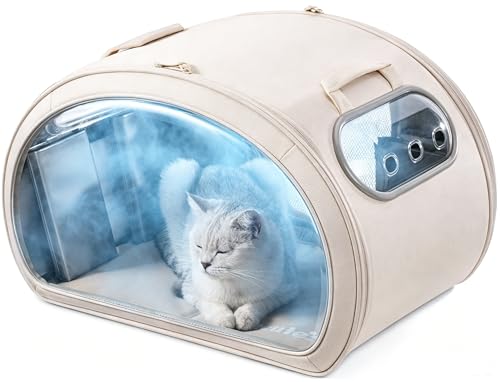 Pecute Casa Refrigerante para Gatos y Perros Pequeños, Caseta Fresca con 6 Cajas de Gel Reutilizables, Alfombrilla Refrigerante, Ventana Transparente Plegable, Tamaño M <6kg para Interior, Beige.