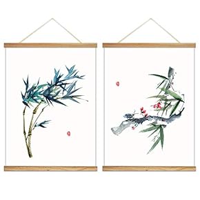 2 Panel Hanging Poster with Wood Frames - Chinese Ink Painting Style Bamboos - Ready to Hang Decorative Wall Art - 18"x24" x 2 Panels