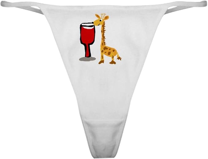 CafePress Giraffe Drinking Wine Thong Underwear, Funny