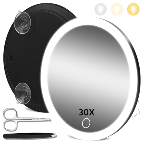 JJhxr 30X Magnifying Mirror with Lights, 30x Magnified Mirror with 3 Color Lights Adjustable Brightness, Rechargeable 6inch Travel Magnification with 3 Suction Cups - Includes Tweezers & Scissors