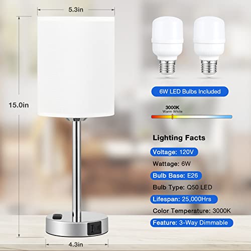 Juego de 2 lámparas táctiles de mesita de noche pequeña, 3 vías, regulables, puertos USB C, A y tomacorrientes, modernas para habitación de niños, con pantalla de lino y base plateada, color blanco