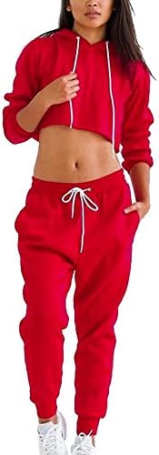 CALOFE Women's Fashion Long Sleeve Crop Top Hoodie Sweatshirt and Joggers Sweatpant Set with Drawstring (M)
