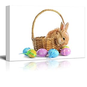 Canvas Prints Wall Art - Fluffy Foxy Rabbit in Basket with Easter Eggs Isolated on White - 12" x 18"