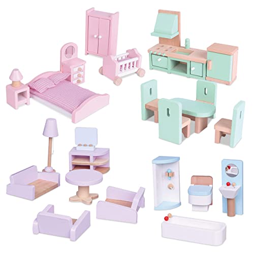 Wooden Dollhouse Furniture Set, 24Pcs Doll House Furniture and Accessories Set with Kitchen