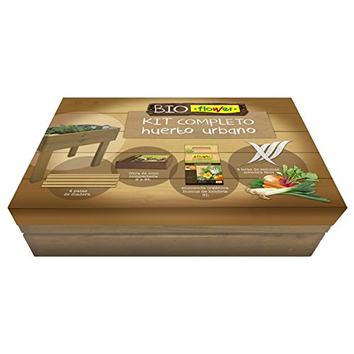 Flower - Kit Completo de Huerto Urbano Bioflower | Incluye Humus de Lombriz y Fibra de Coco | con 4 Patas de Madera y Tiras de Semillas para Siembra Fácil, Multicolor, Medio, Madera