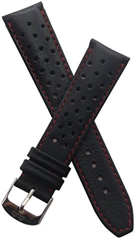 WatchstrapworldTH-21-01-0511P - 21 mm Heuer Carrera Style Black Sports Perforated pin Buckle Leather Watch Strap with red Stitching - Compatible with All Watches with a Standard 21 mm Lug Width